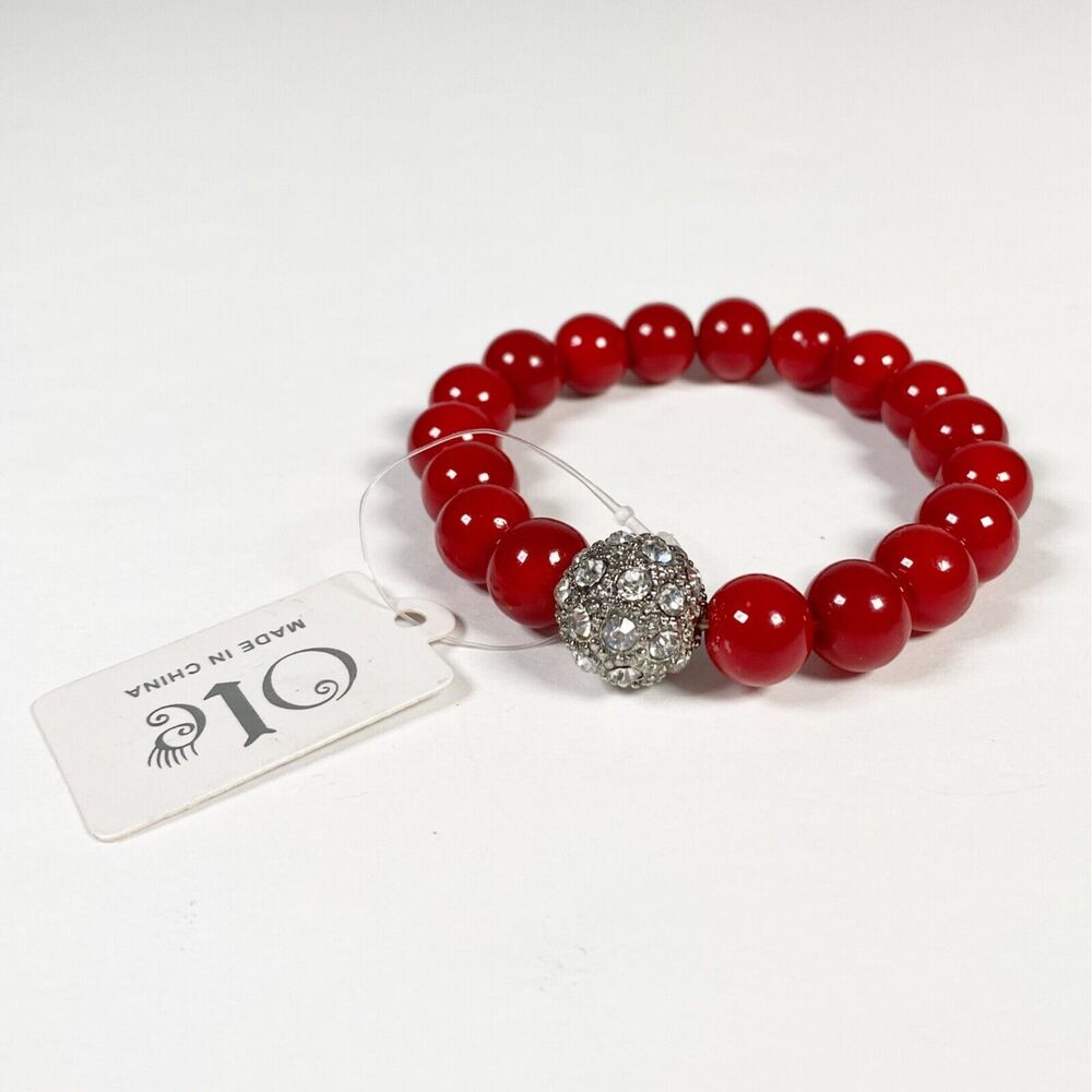 Boutique Red Beaded Stretch Bracelet Silver Tone Crystal Charm Holiday Gift New